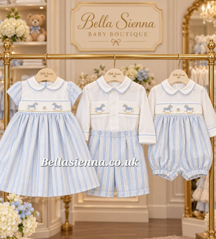 Pretty Originals Pale Blue Herringbone Hand Smocked Dress With Embroidered Rocking Horse & Matching Headband  - BD02413G