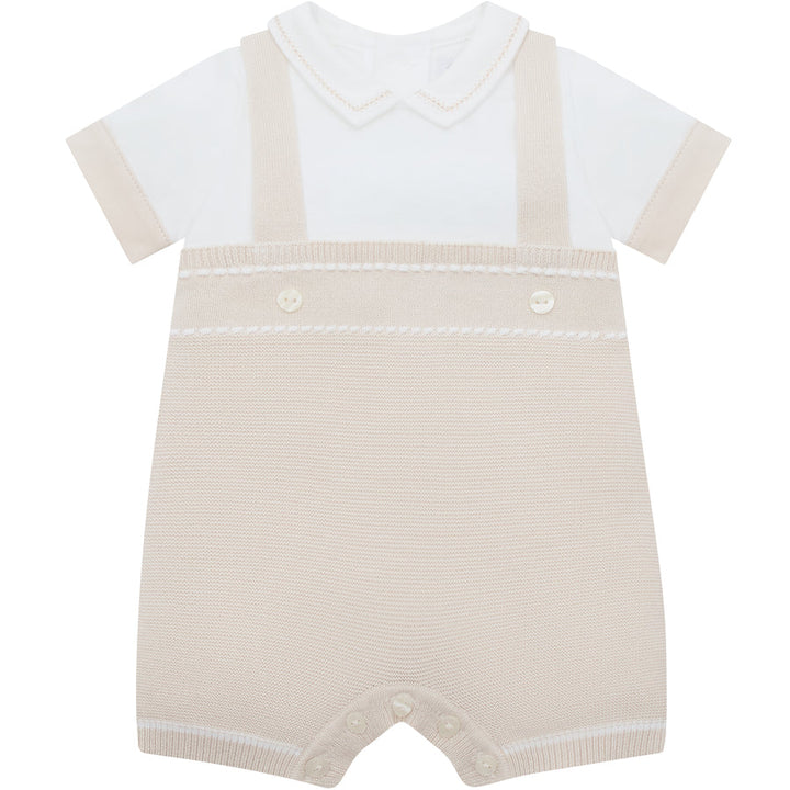Emile et Rose Boys Beige Knitted Mock Braces Romper - Lowe