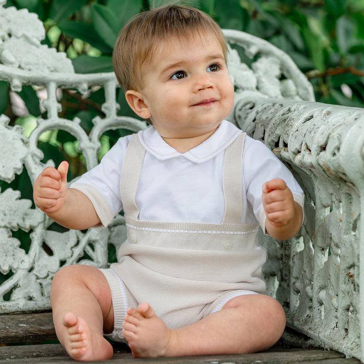 Emile et Rose Boys Beige Knitted Mock Braces Romper - Lowe