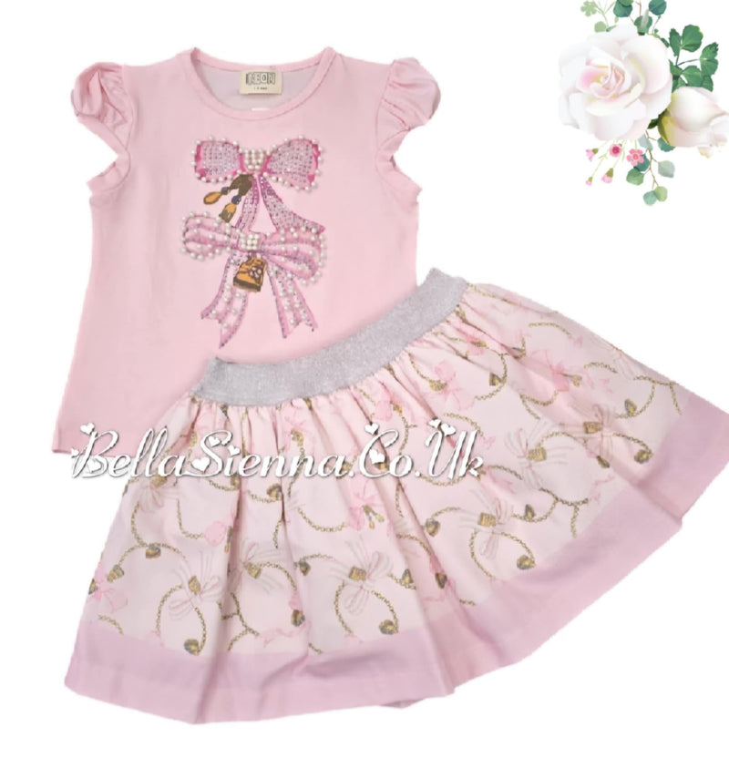 Pink "Bow" Skirt & Top Set With Pearl & Sparkle Detail -3608