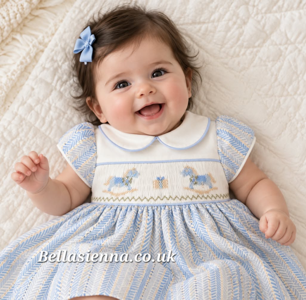 Pretty Originals Pale Blue Herringbone Hand Smocked Dress With Embroidered Rocking Horse & Matching Headband  - BD02413G