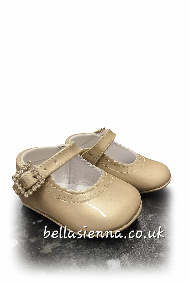 Pretty Originals Girls Taupe / Gold Metallic Patent Leather Pram Shoes With Diamante Buckle - UE02191A (Copy)