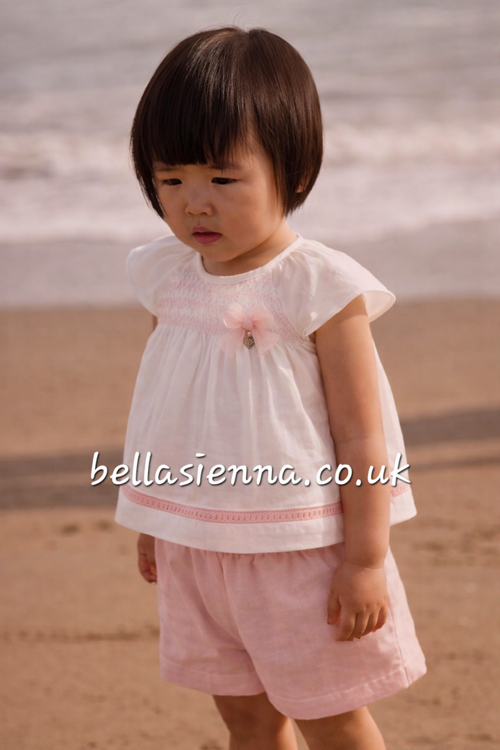 Mayoral Girls Elegant Smocked Shorts Set With Bow - 1212 - 74 - Blossom Pink