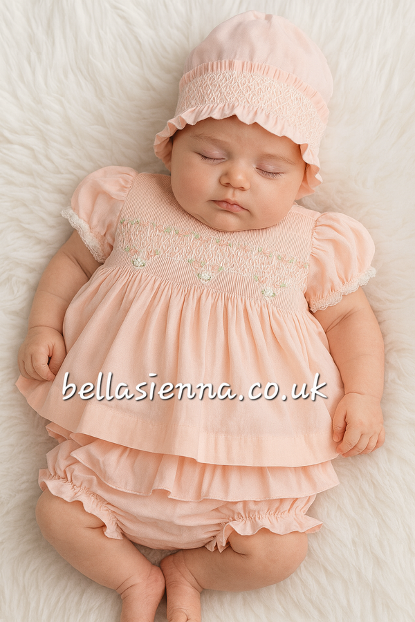 Luxury "Bella Sienna Exclusive" Pink Smocked Dress & Frilly Pants With Matching Smocked Bonnet