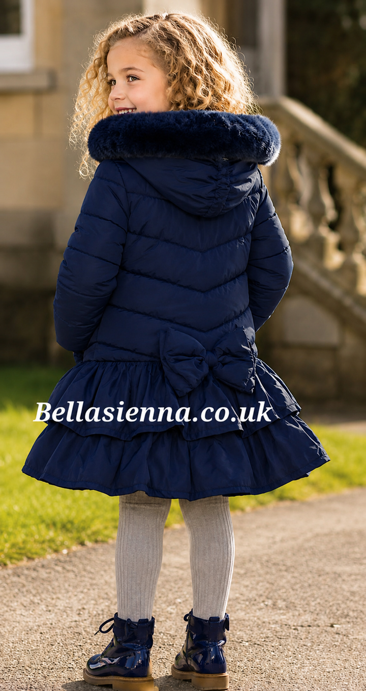 Giorgio Bambini Girls Navy Hooded Puffer Coat with Faux Fur Trim DH09