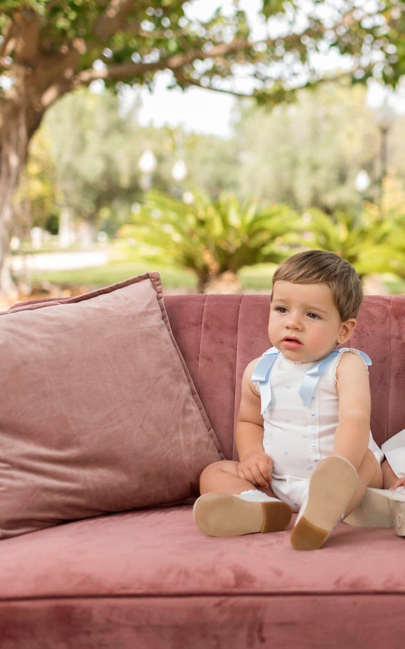 Dolce Petit Unisex Ivory & Blue Smocked Romper With Bows - 2013