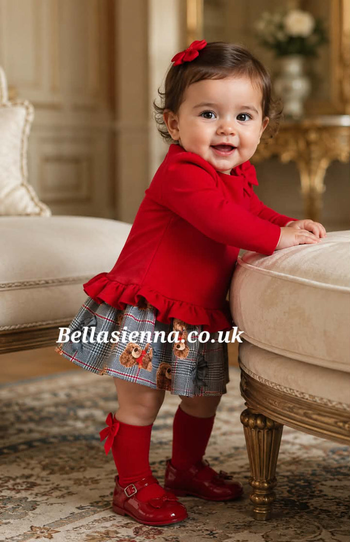 PRE-ORDER - Miranda Baby Girls Red "Teddy Bear" Dress - 0152-V