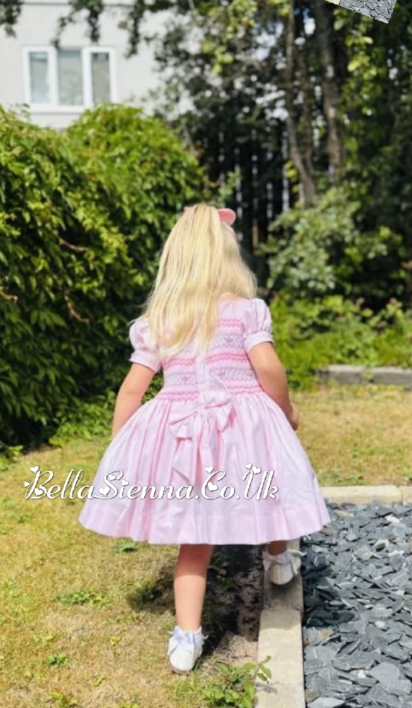 Luxury "Bella Sienna Exclusive" Pink Front & Back Smocked Dress With Built In Underskirt & Matching Hair Band Or Clip & Pants
