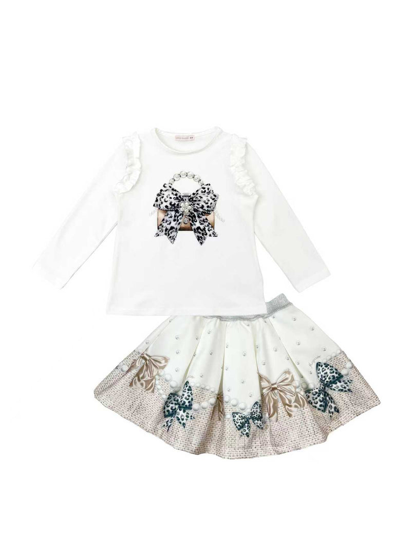 Giorgio Bambini Girls Ivory & Beige "HANDBAG" Long Sleeved Top & Skirt Set - YG-13
