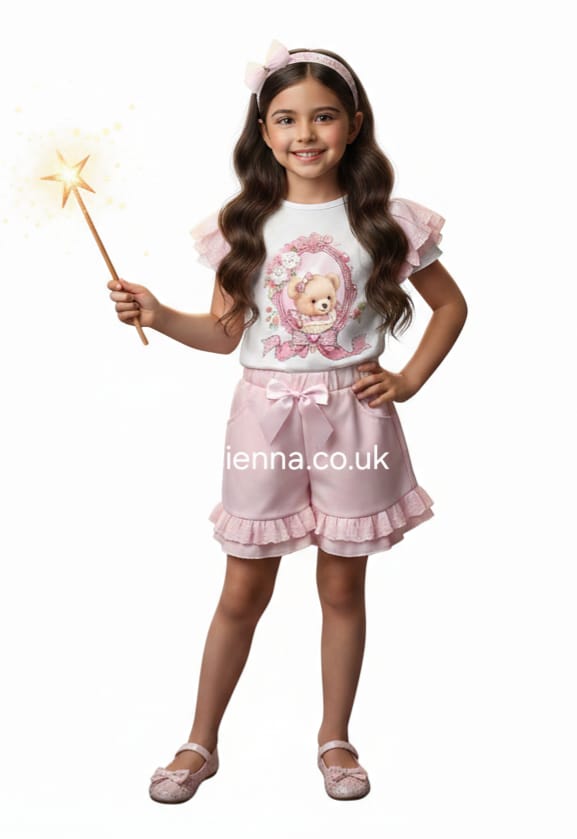 Diamond Stone Girls Pink & White "Teddy In The Mirror" Shorts Set With Matching Headband - YG-37