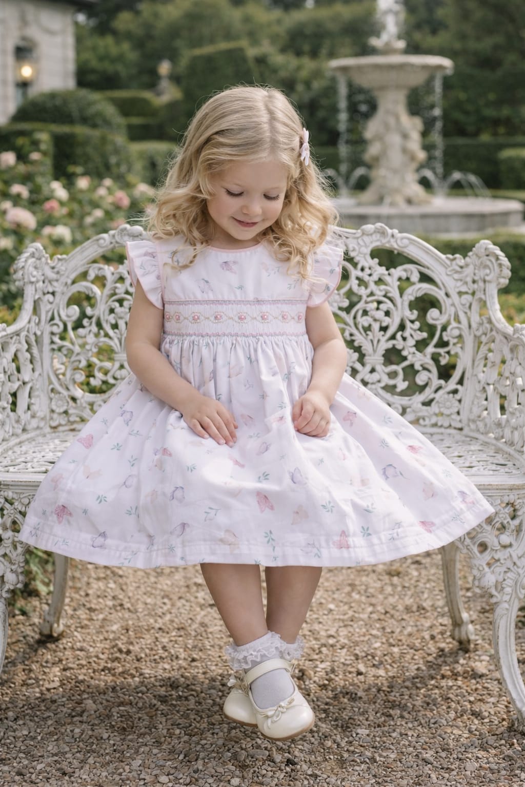 Pretty Originals Butterfly Print Hand Smocked Dress - BD02383