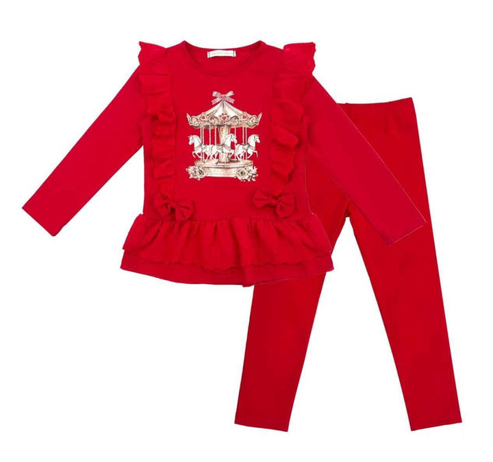 Red Sparkle "Teddy Bear Carousel" Anglaise Leggings Set - YG24