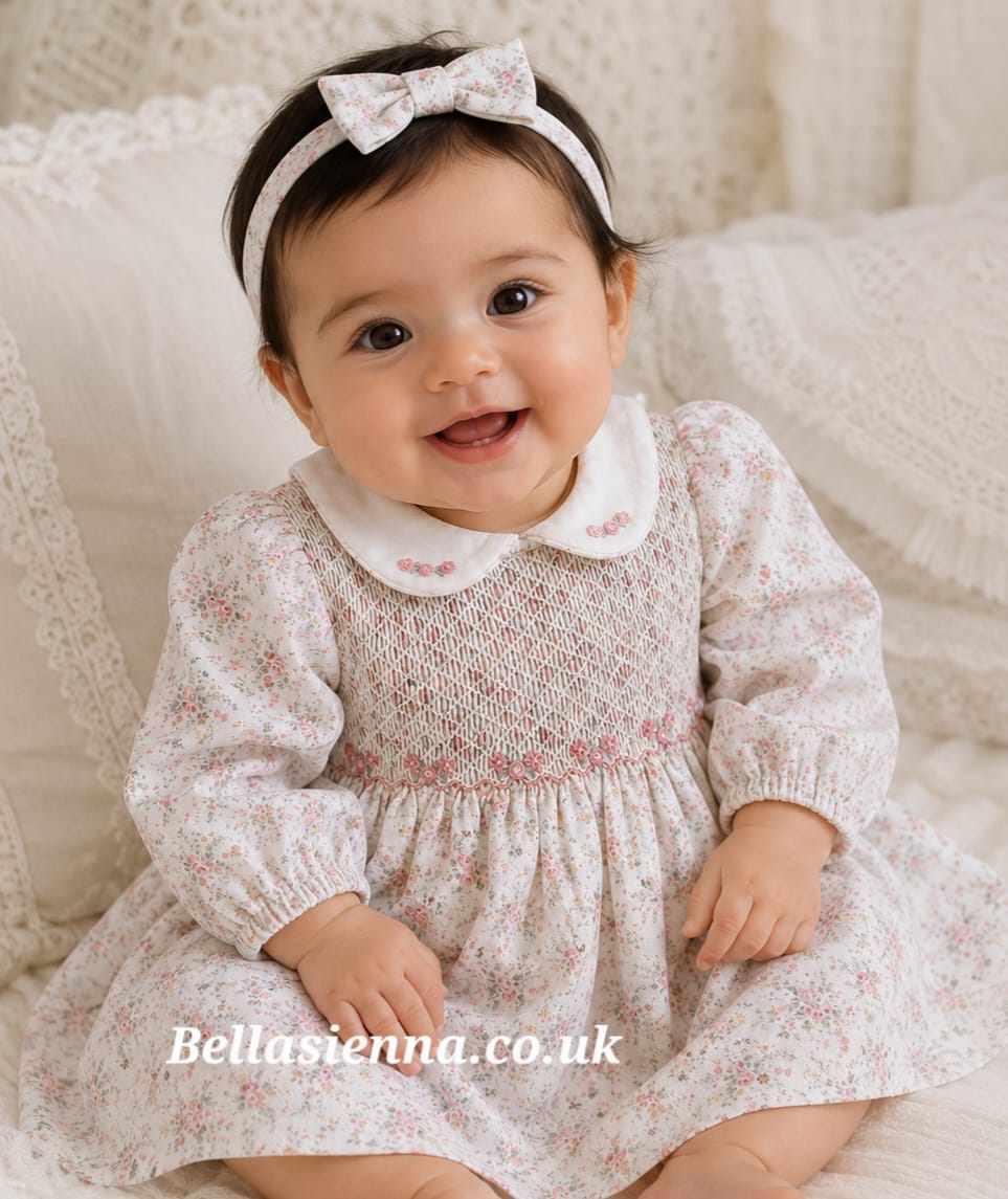 Sarah Louise Girls Ivory & Pink Floral Hand Smocked Dress - 013956