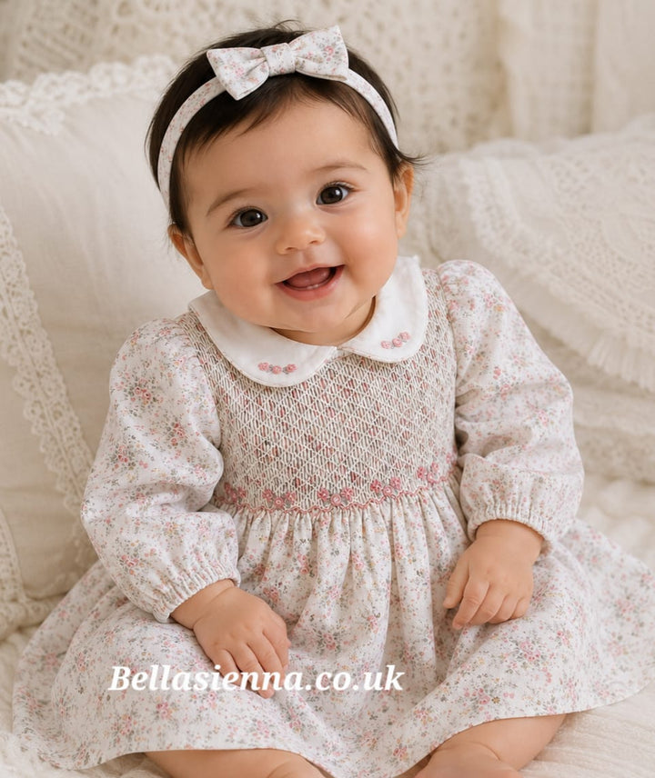 Sarah Louise Girls Ivory & Pink Floral Hand Smocked Dress - 013956