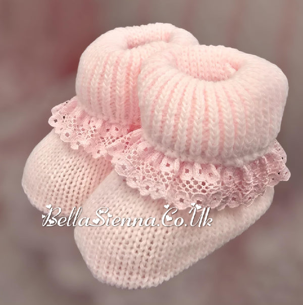 Bella Sienna Pink Knitted Booties With Lace Trim - 75