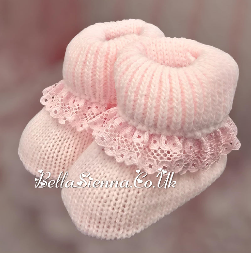 Bella Sienna Pink Knitted Booties With Lace Trim - 75