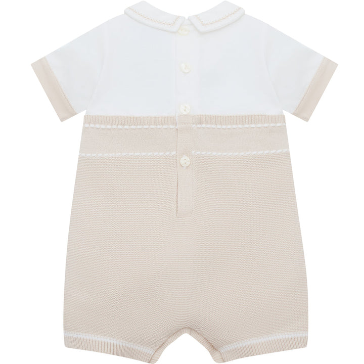 Emile et Rose Boys Beige Knitted Mock Braces Romper - Lowe