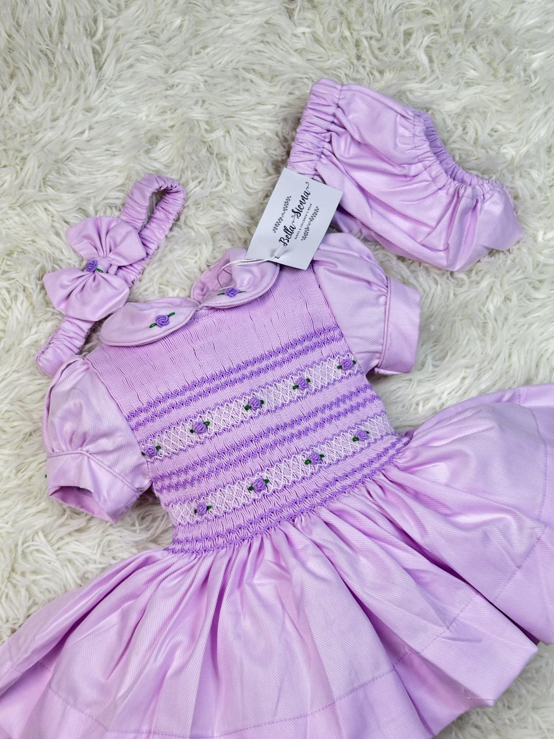 Luxury "Bella Sienna Exclusive" Lilac Front & Back Smocked Dress With Built In Underskirt & Matching Hair Band Or Clip & Pants