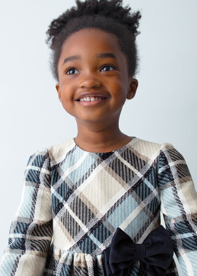 Mayoral Girls Navy, Blue & Beige Dress With Bow - 4924