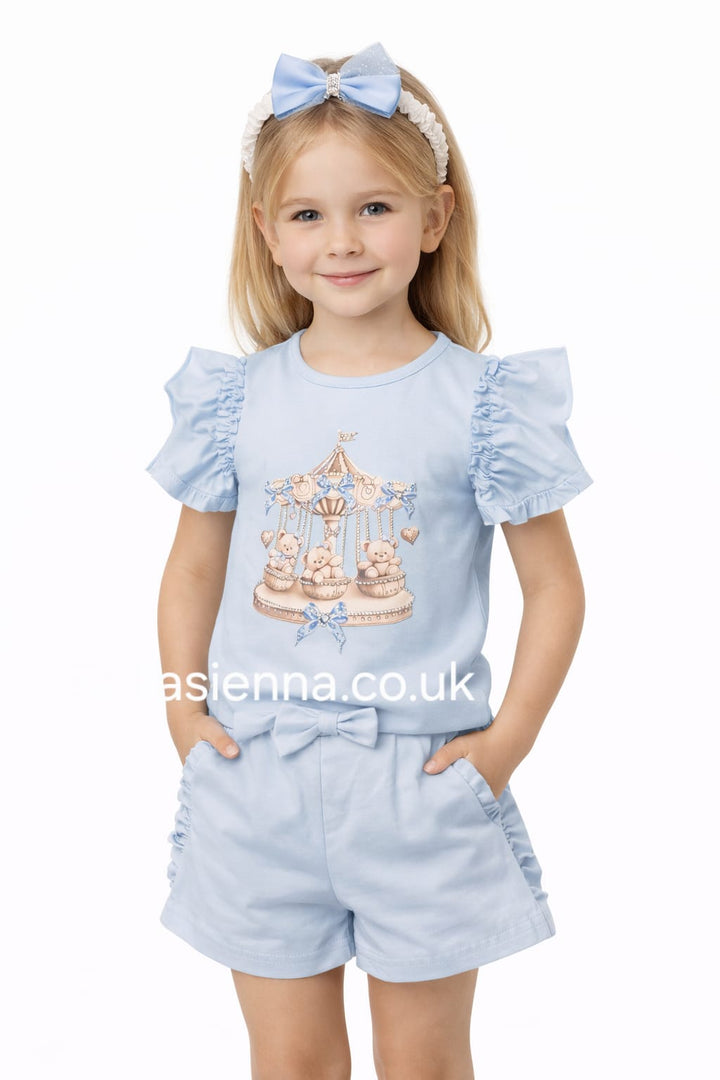Diamond Stone Girls Blue "Teddy Carousel" Shorts Set With Matching Headband YG-38