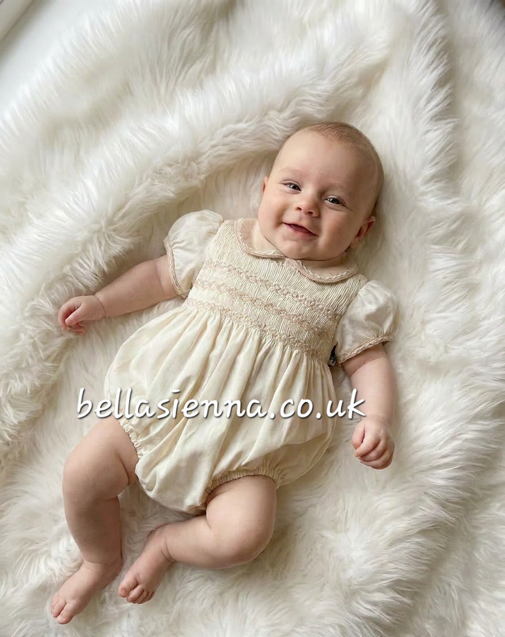 Sarah Louise Ivory & Beige Smocked Bubble Romper - 013845