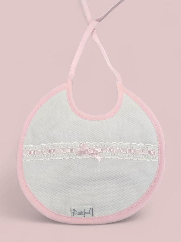 100% Cotton Girls Pink & White Ribbon & Bow Detail Bib