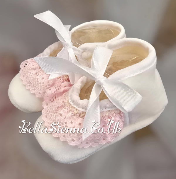 Bella Sienna Ivory Velour Baby Shoes With Pink Lace Trim - 55