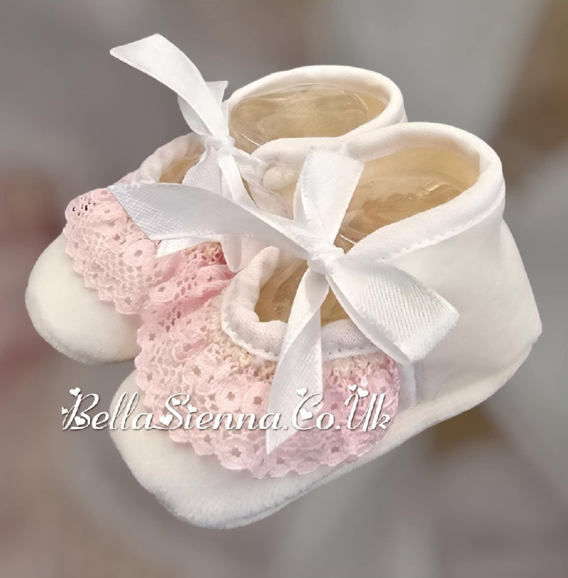 Bella Sienna Ivory Velour Baby Shoes With Pink Lace Trim - 55