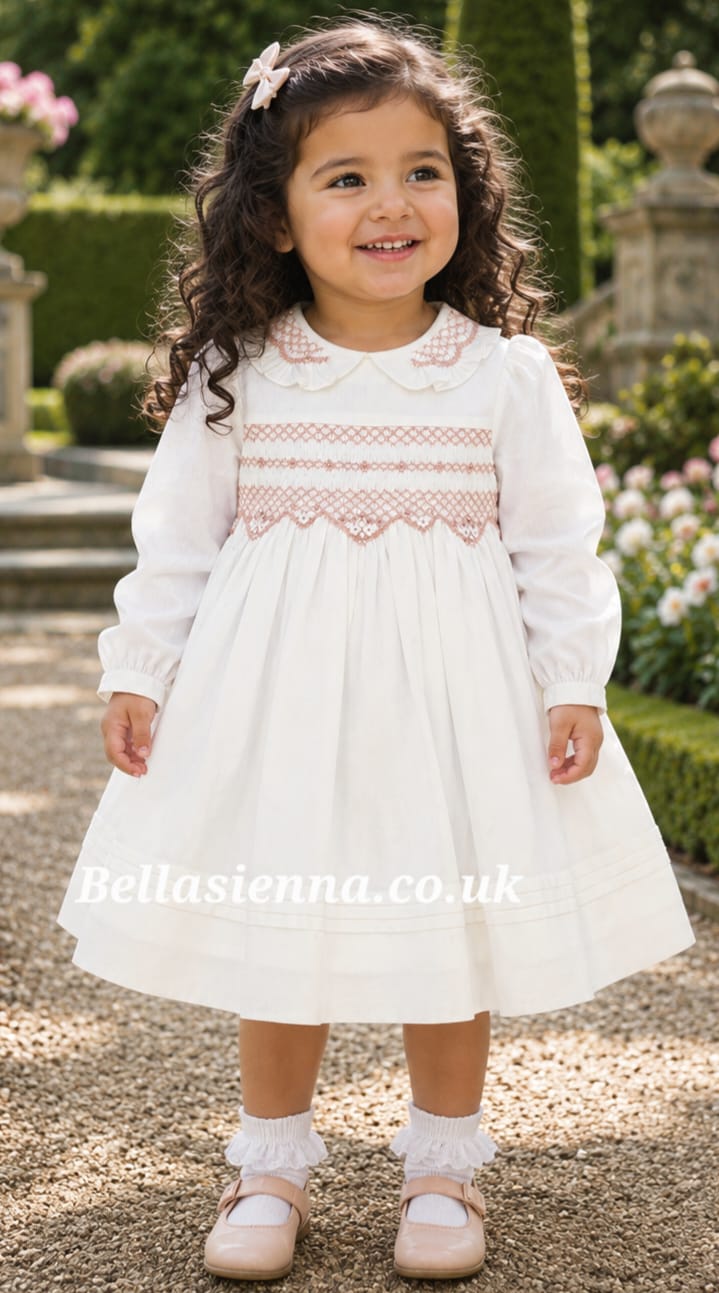 Sarah Louise Girl Ivory & Dusky Pink Hand Smocked Dress - 013963