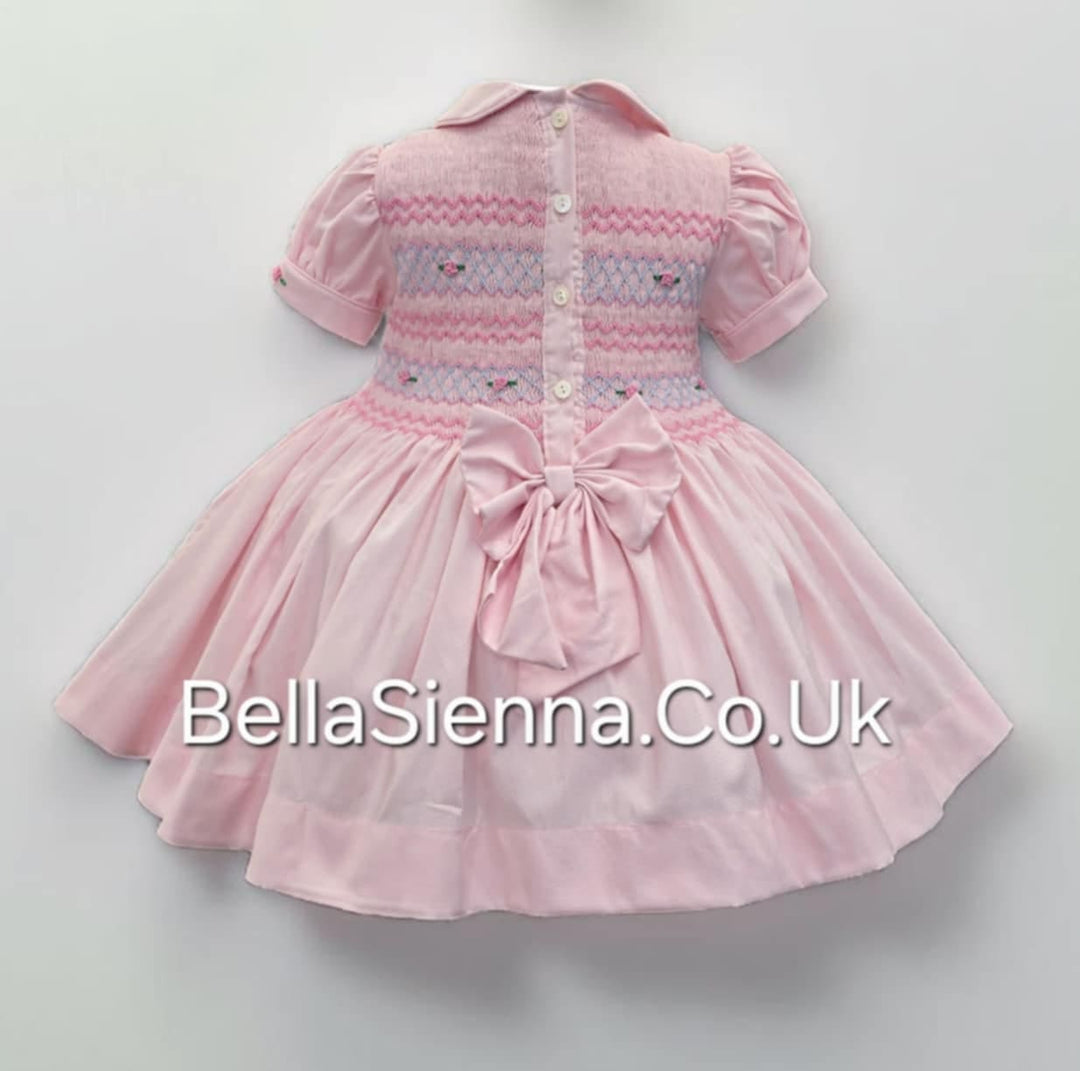 Luxury "Bella Sienna Exclusive" Pink Front & Back Smocked Dress With Built In Underskirt & Matching Hair Band Or Clip & Pants