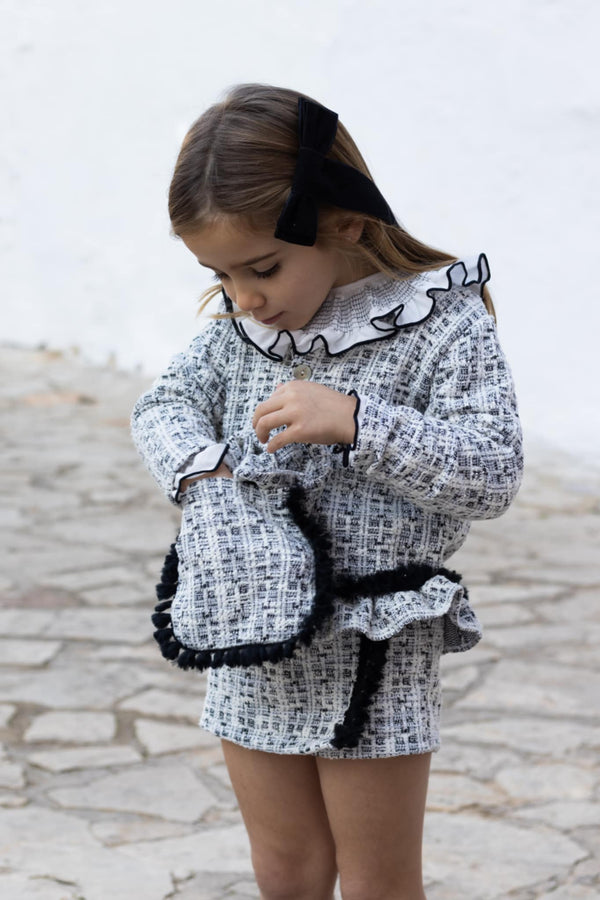 Calamaro Girls Black & White Tweed Hand Bag - 80006