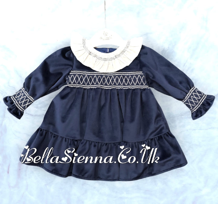 Deolinda Girls Navy & White Luxurious Velvet Smocked Dress - DBI25415