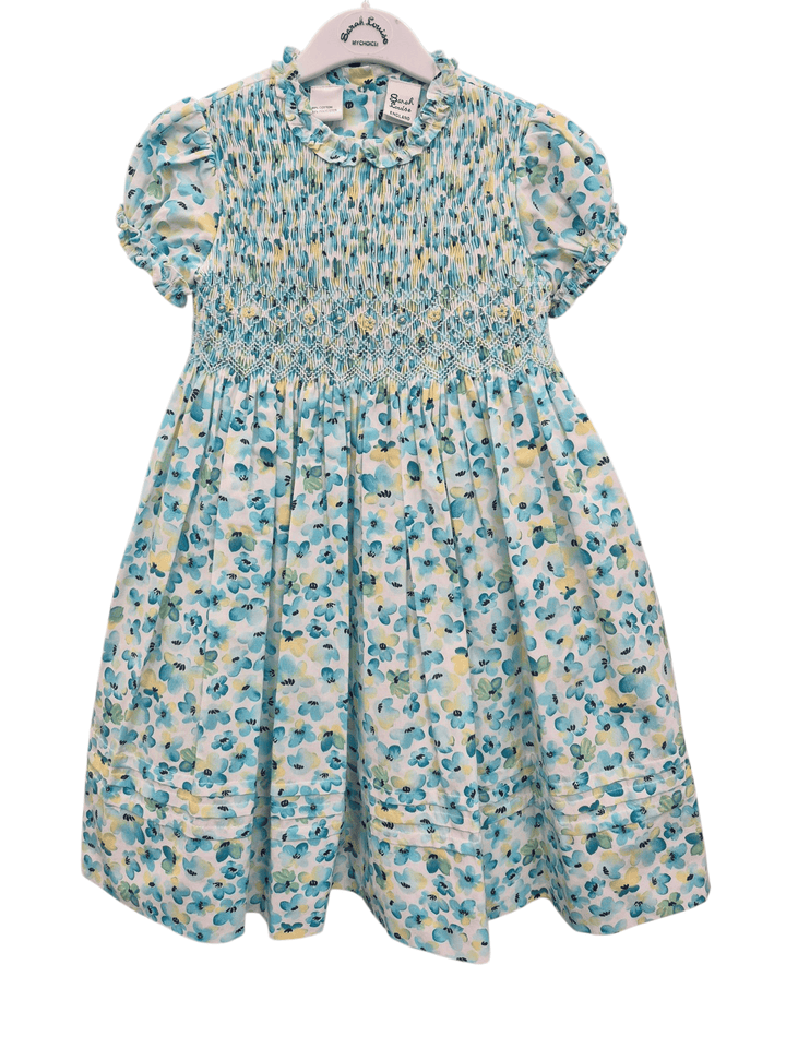 Sarah Louise Green Floral Hand Smocked Dress - 012698