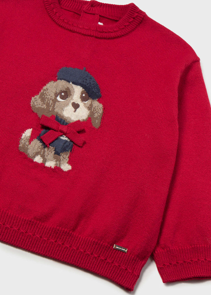 Mayoral Girl Red "Puppy Dog" Jumper With Bow & Navy Twill Shorts - 2385 & 2202