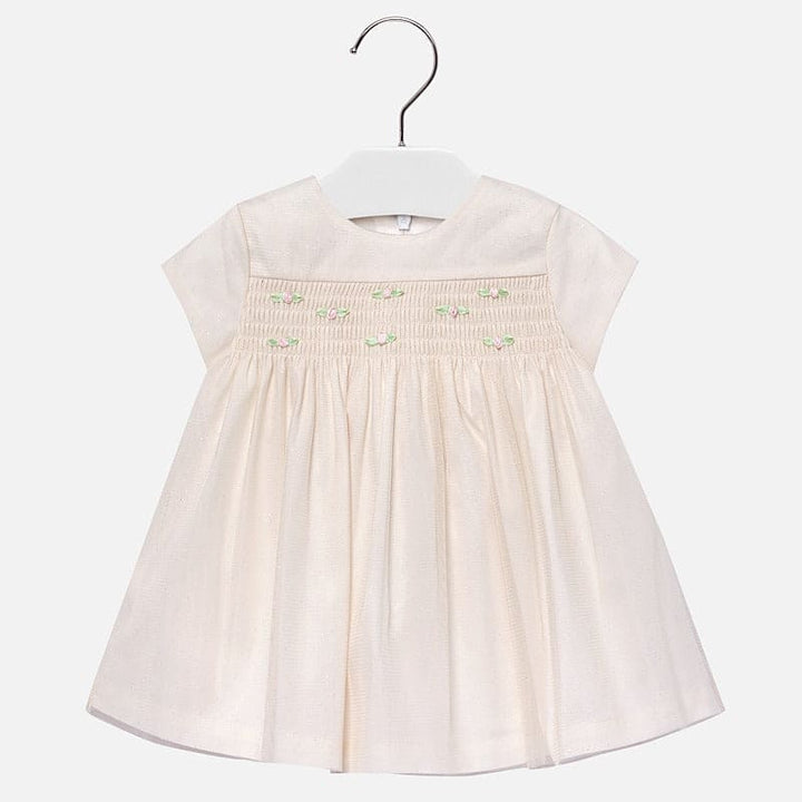 Mayoral Ivory & Champagne/Gold Fleck Smocked & Embroidered Dress - 2932