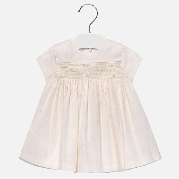 Mayoral Ivory & Champagne/Gold Fleck Smocked & Embroidered Dress - 2932
