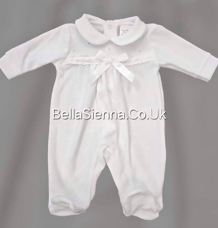 Girls White Velour All In One Babygrow With Diamante & Bow Detail- 6003