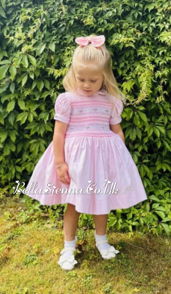 Luxury "Bella Sienna Exclusive" Pink Front & Back Smocked Dress With Built In Underskirt & Matching Hair Band Or Clip & Pants