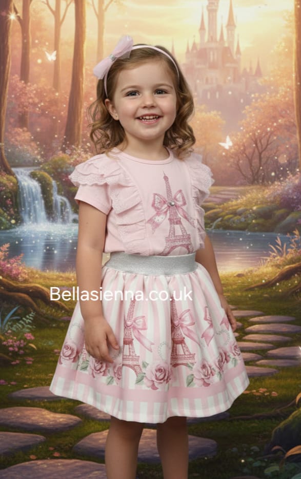Diamond Stone Girls Pink "Tower" Skirt Set With Matching Headband - YG-31