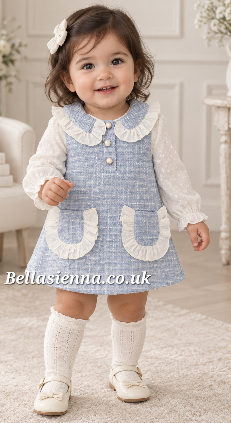 Baby Girls Blue Tweed Style Dress & Pants Set - 52001