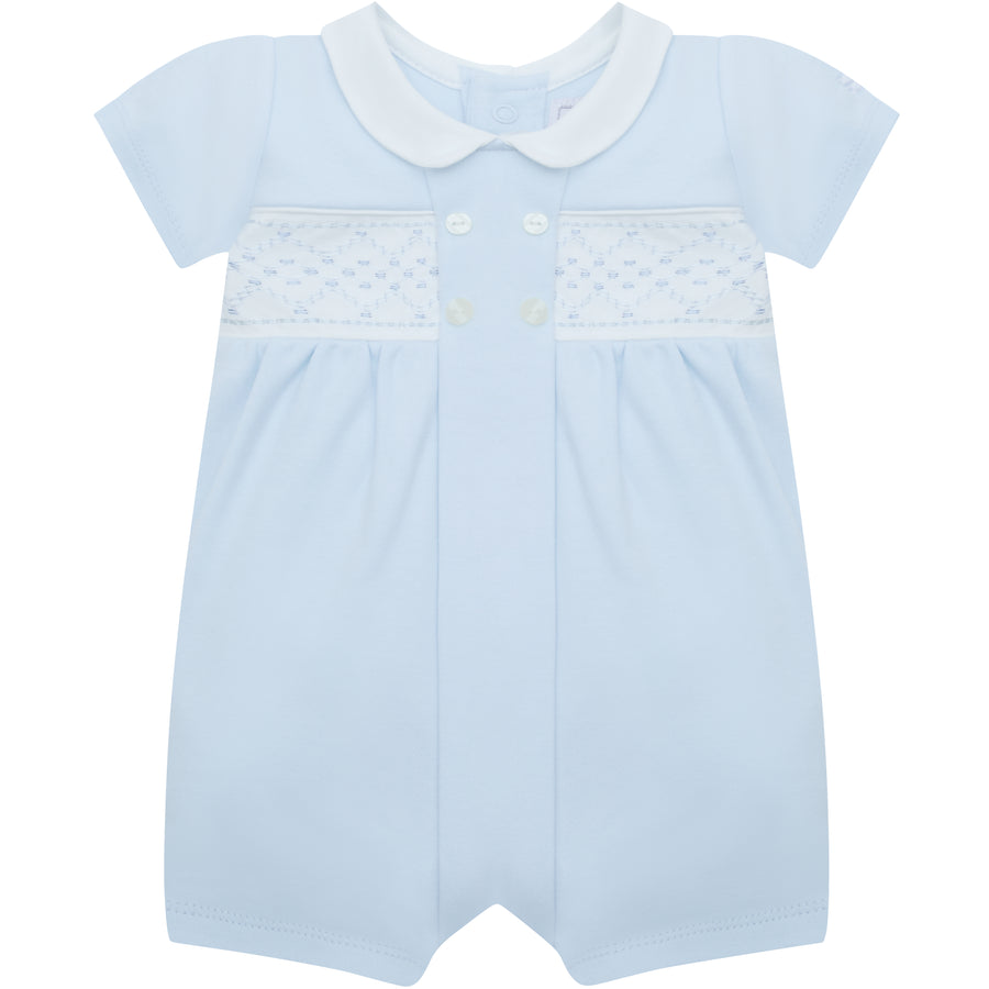 Emile et Rose Boys Baby Blue Smocked Panel With Embroidery Detail Romper - Lawrence