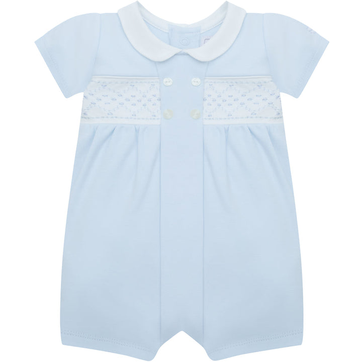 Emile et Rose Boys Baby Blue Smocked Panel With Embroidery Detail Romper - Lawrence