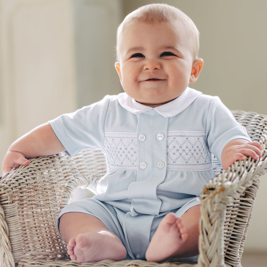 Emile et Rose Boys Baby Blue Smocked Panel With Embroidery Detail Romper - Lawrence