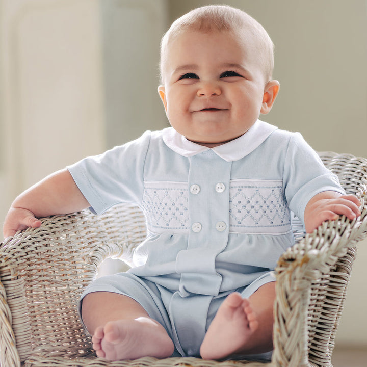 Emile et Rose Boys Baby Blue Smocked Panel With Embroidery Detail Romper - Lawrence