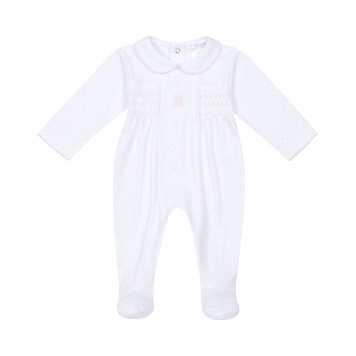Deolinda "CONFETTI" Baby Girls Smocked Babygrow & Matching Bib With Embroidered Bunny Rabbit - DBV26102