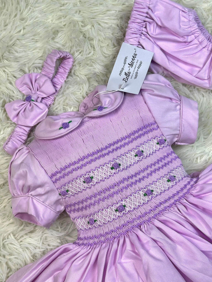 Luxury "Bella Sienna Exclusive" Lilac Front & Back Smocked Dress With Built In Underskirt & Matching Hair Band Or Clip & Pants