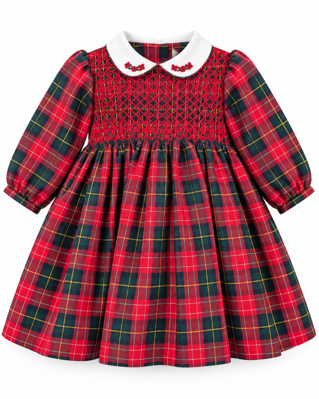 Sarah Louise Girls Red & Bottle Green Tartan Hand Smocked Dress - 013968