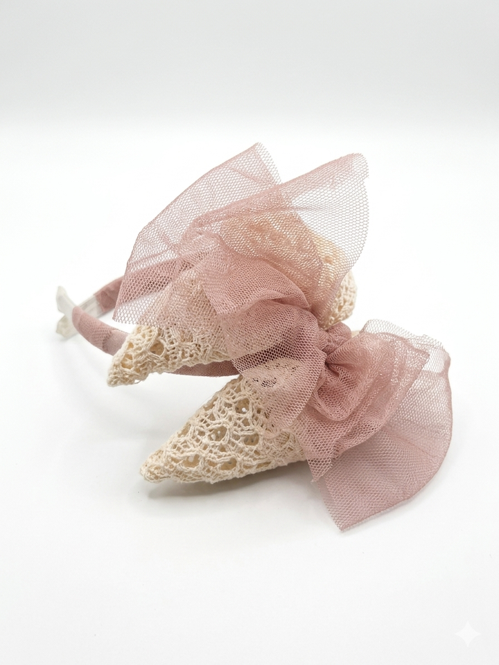 Basmarti Girls Ivory Crochet Headband With Tulle Bow