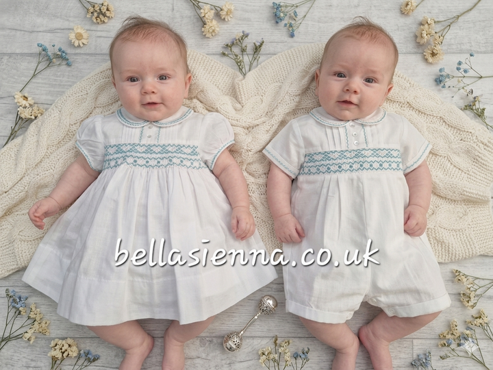 Sarah Louise Boys White & Aqua Hand Smocked Heritage Romper - C6000