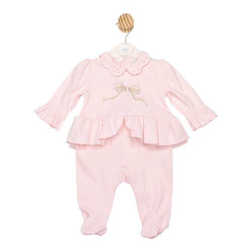 Mintini Baby Pink All In One Babygrow, Sleepsuit With Bow On The Back - MB6796